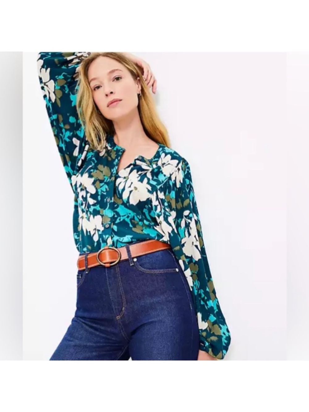 LOFT NWT Teal Floral Long-Sleeve Blouse size S boho cottagecore preppy office